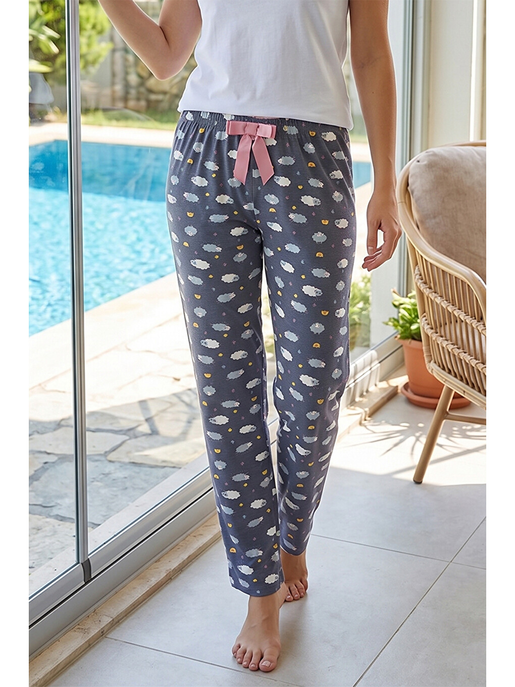 Kadın Yumoş Kumaş Hayvan Baskılı Tek Pijama Alt 38 Koyu Gri-2