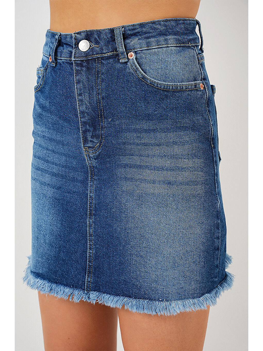 Kadın Püsküllü Mini Jean Etek 8051   Lacivert-2