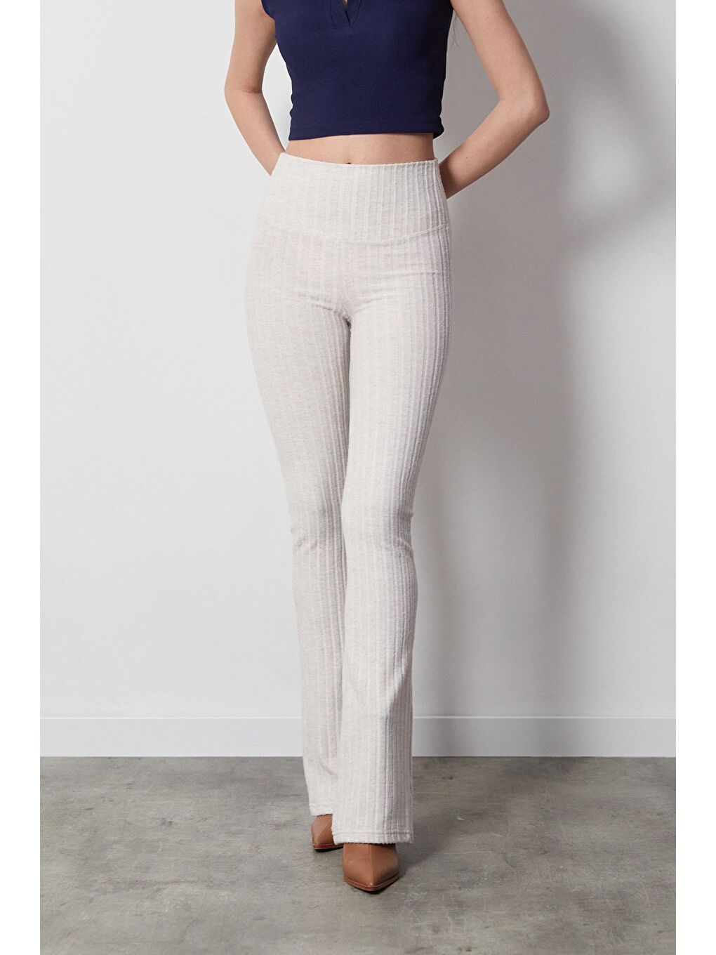 Bej Fitilli Yüksek Bel İspanyol Paça Pantolon-1