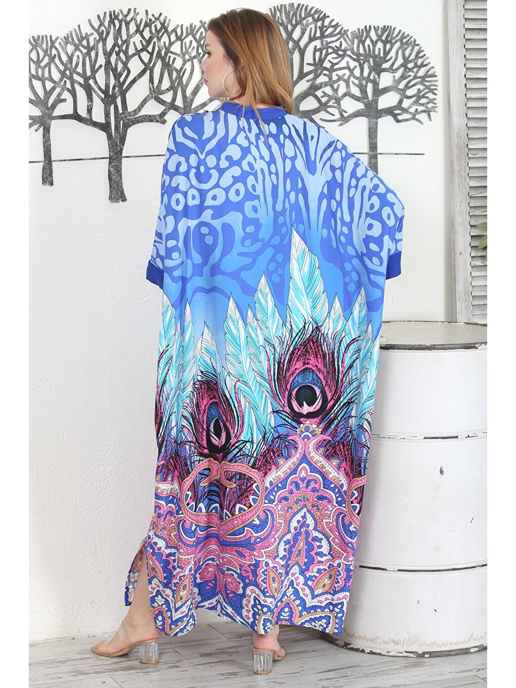 Mavi Hakim Yaka 3/4 Kol Düğmeli Yırtmaçlı Allover Baskılı Casual Dokuma Elbise-5