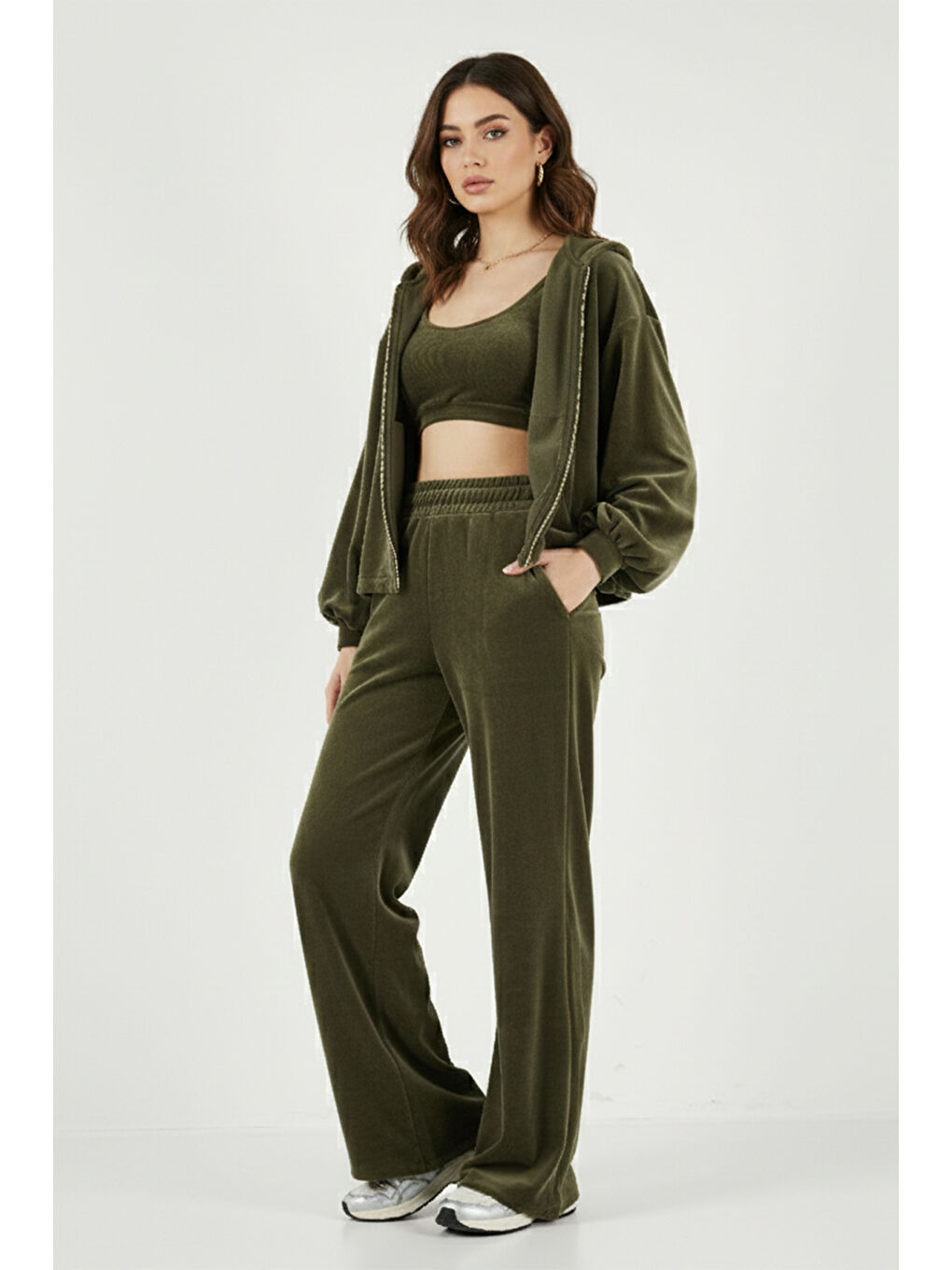 Haki Pamuklu Regular Fit Kapüşonlu Kadife Dokulu Kadın 3'lü Takım 6830097-2