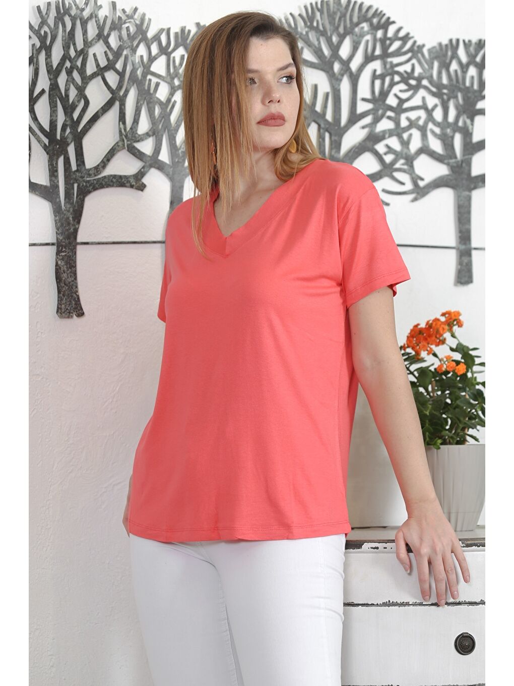 Koyu Pembe V Yaka Kısa Kol Örme Casual Bluz-3