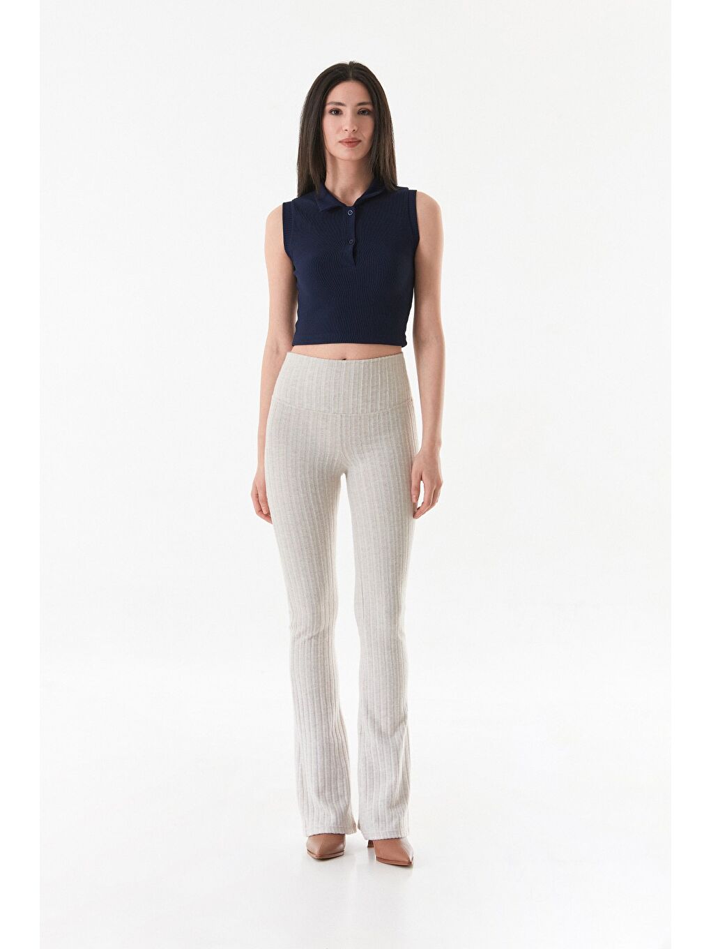 Bej Fitilli Yüksek Bel İspanyol Paça Pantolon-2