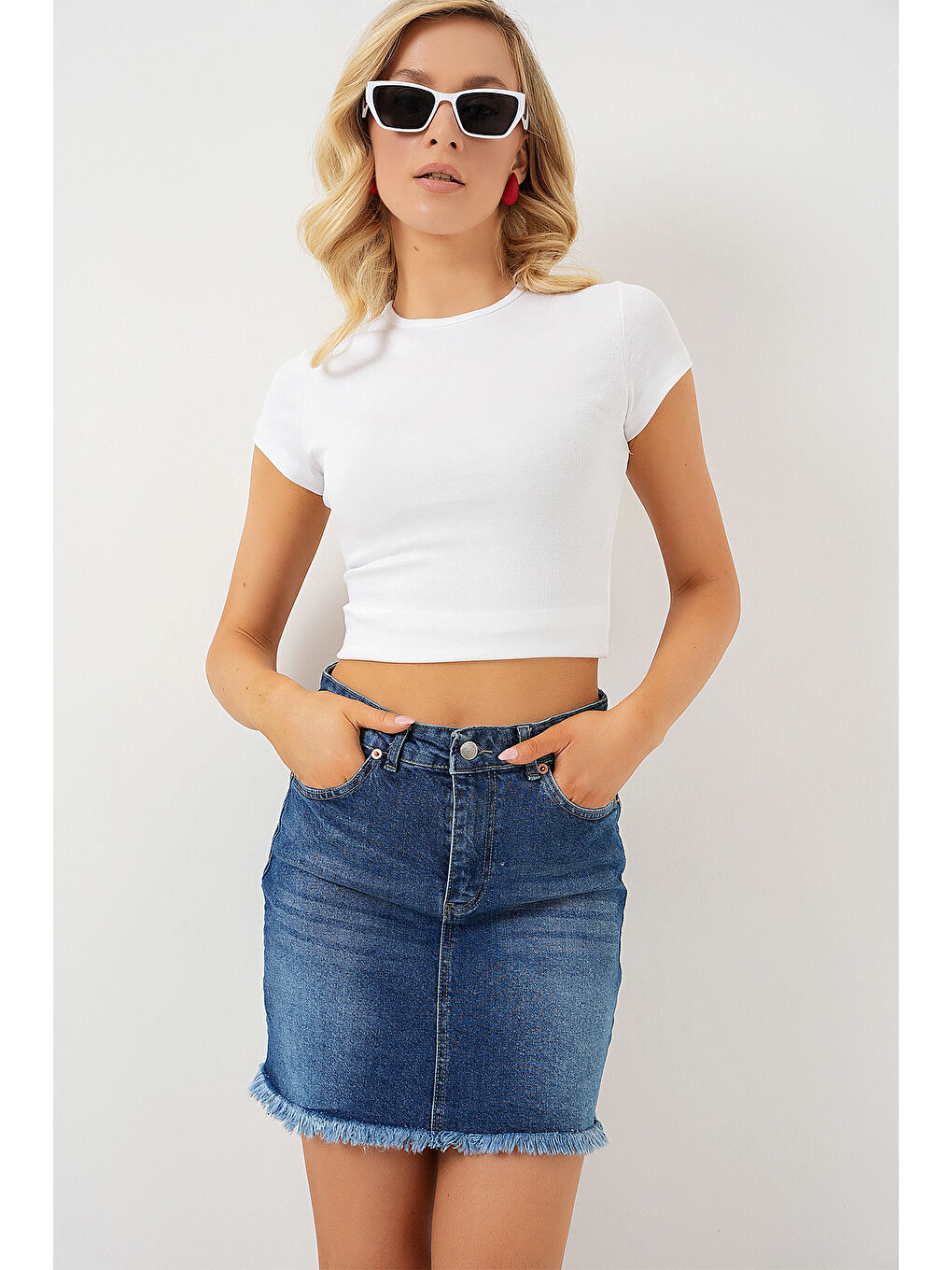 Kadın Püsküllü Mini Jean Etek 8051   Lacivert-3