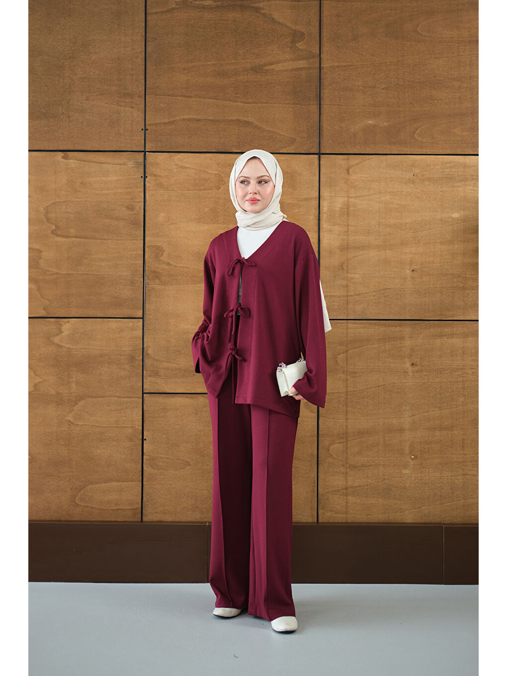 Kadın V Yaka Bağcıklı Regular Viskon Kimono Takım Mürdüm-1