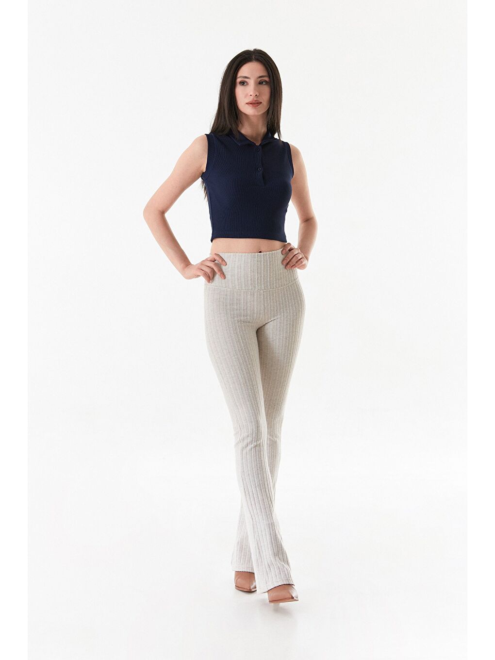 Bej Fitilli Yüksek Bel İspanyol Paça Pantolon-3