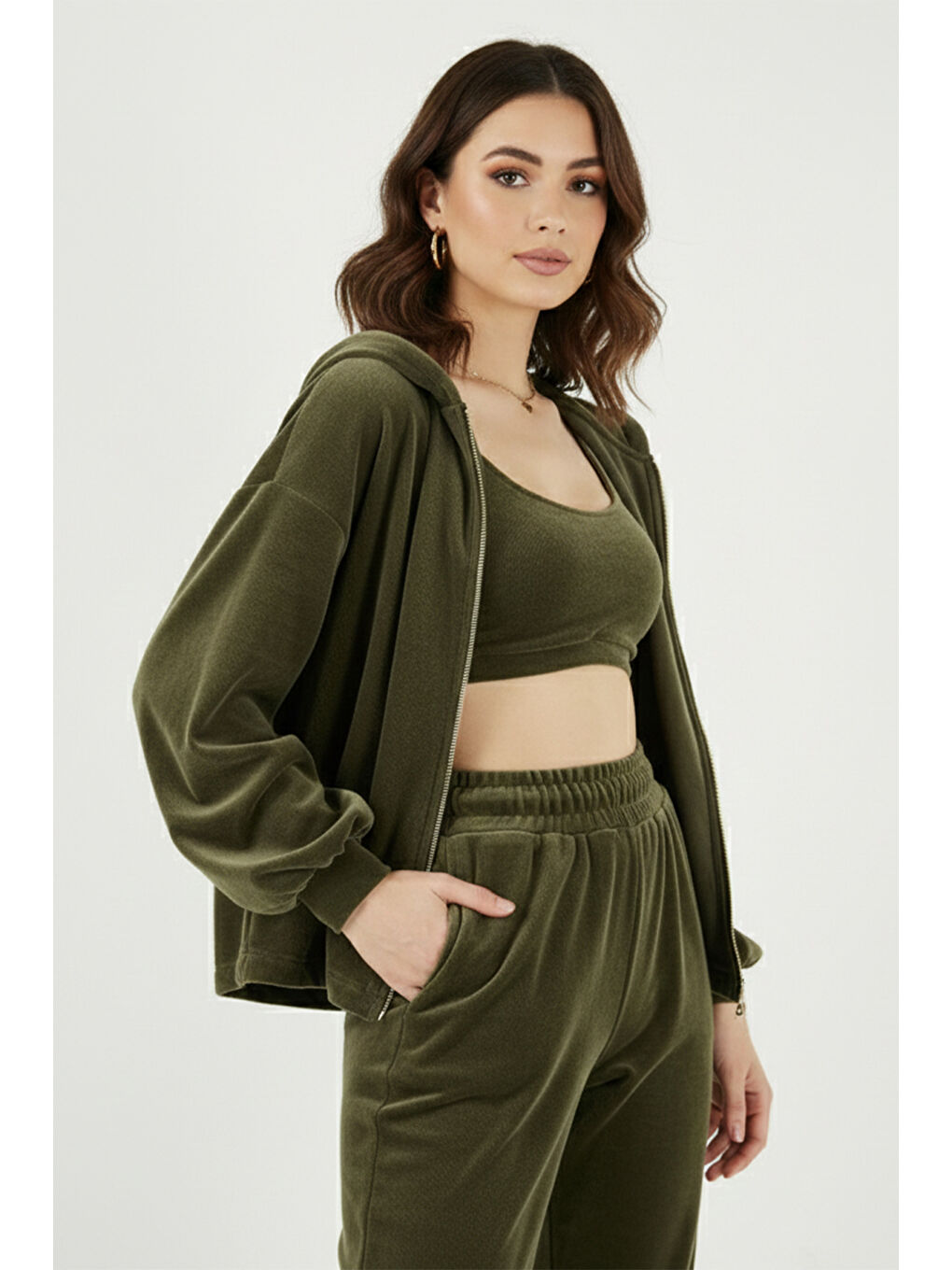 Haki Pamuklu Regular Fit Kapüşonlu Kadife Dokulu Kadın 3'lü Takım 6830097-3