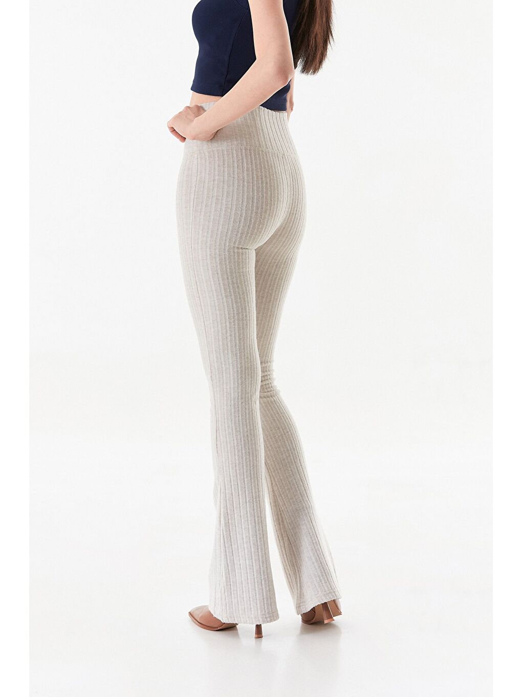 Bej Fitilli Yüksek Bel İspanyol Paça Pantolon-4