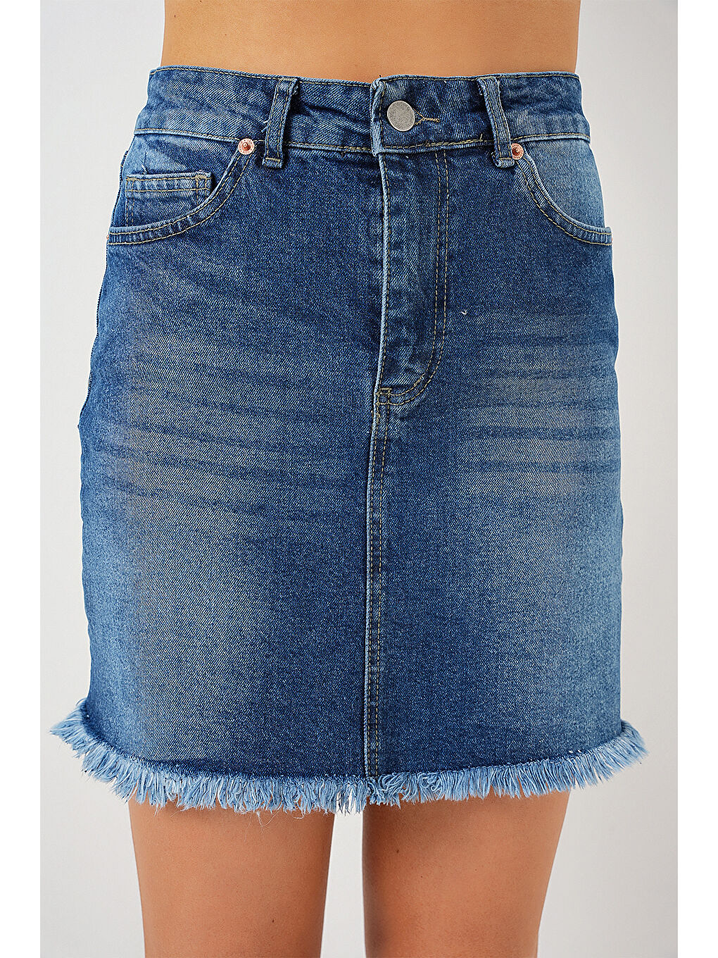 Kadın Püsküllü Mini Jean Etek 8051   Lacivert-4