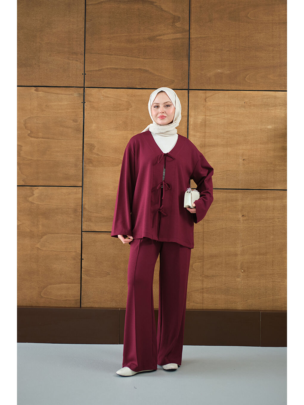 Kadın V Yaka Bağcıklı Regular Viskon Kimono Takım Mürdüm-2