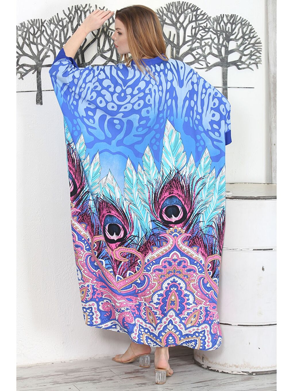 Mavi Hakim Yaka 3/4 Kol Düğmeli Yırtmaçlı Allover Baskılı Casual Dokuma Elbise-6