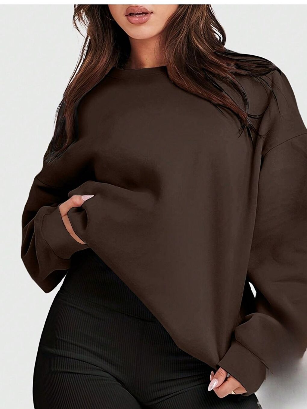 Kahverengi Kahve Regular Düz Bisiklet Yaka Sweatshirt