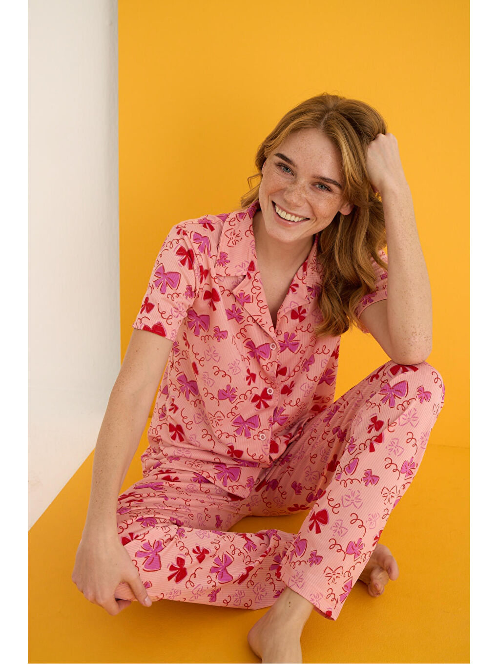 Kırmızı Helen Düğmeli Pijama Takımı 7001-15