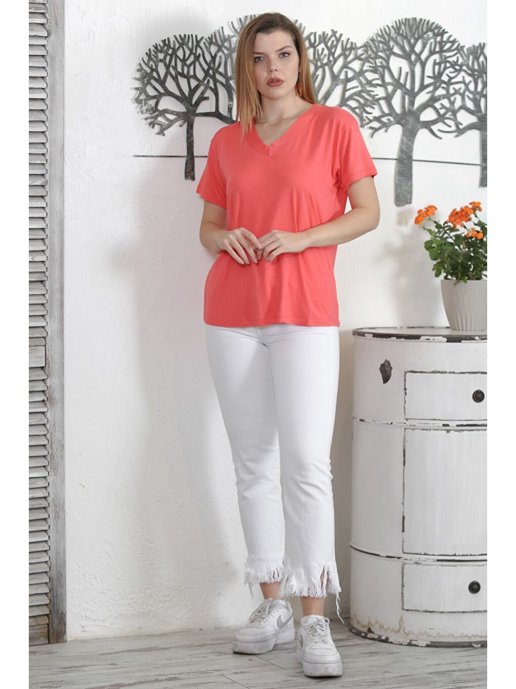 Koyu Pembe V Yaka Kısa Kol Örme Casual Bluz-4