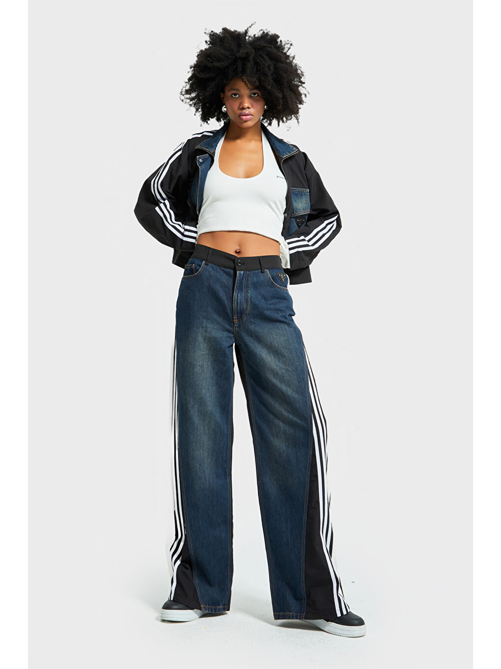 Mavi Kadın Jean Rengi Çift Parça Kumaş Şerit Detaylı Bol Kesim Özel Tasarım Denim Jean-1