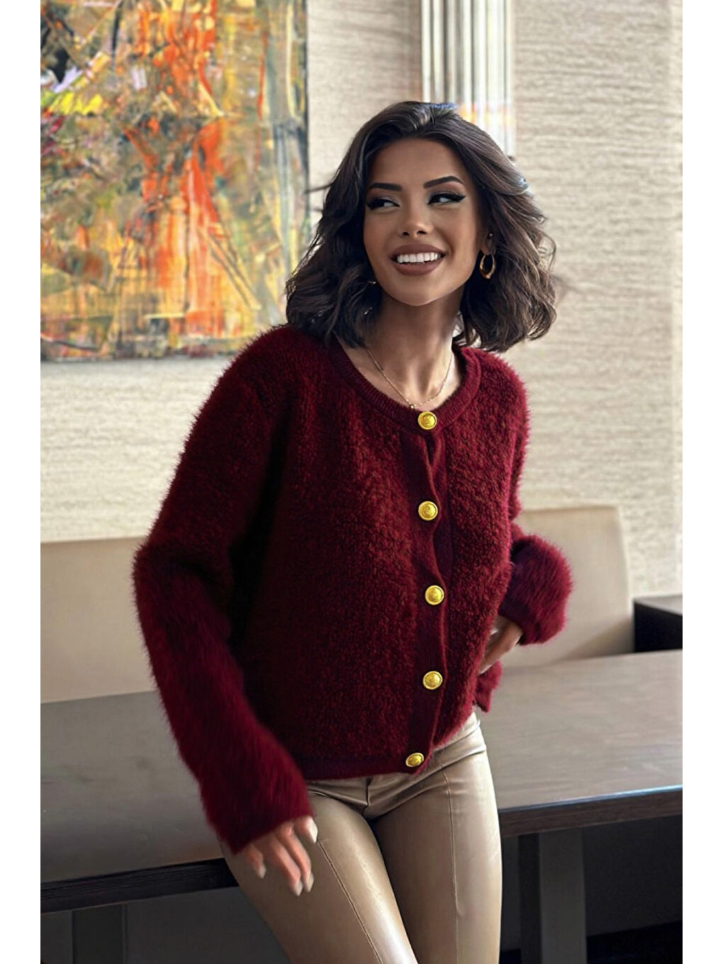 Bordo Düğme Detaylı Pelüş Triko Hırka N-102-4