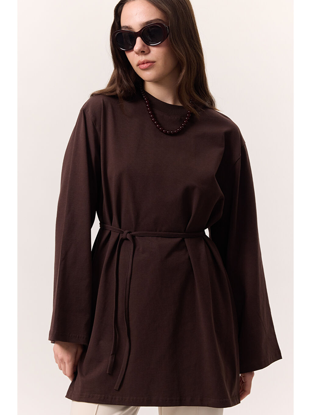 Kahverengi Bağlama Detaylı Oversıze Tshırt Acı Kahve-1