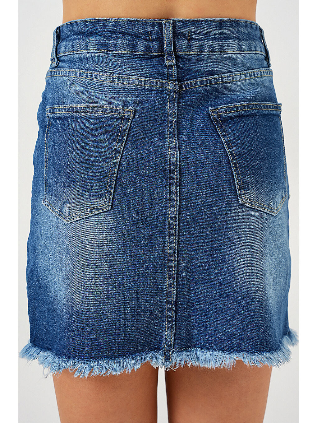 Kadın Püsküllü Mini Jean Etek 8051   Lacivert-6