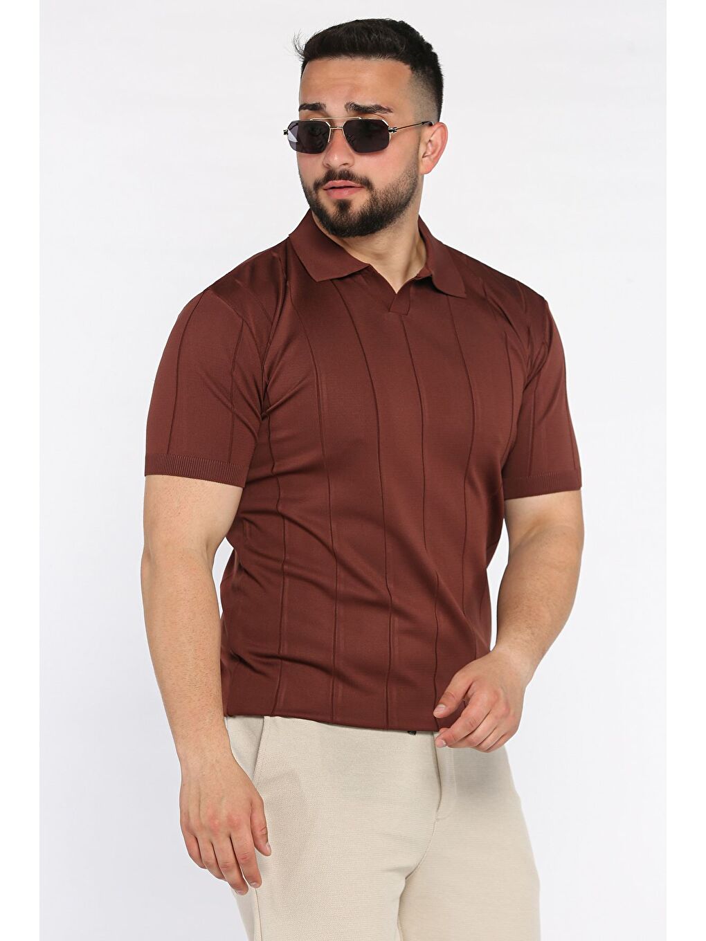 Kahverengi Erkek Polo Yaka Kendinden Çizgi Desenli Tişört-1