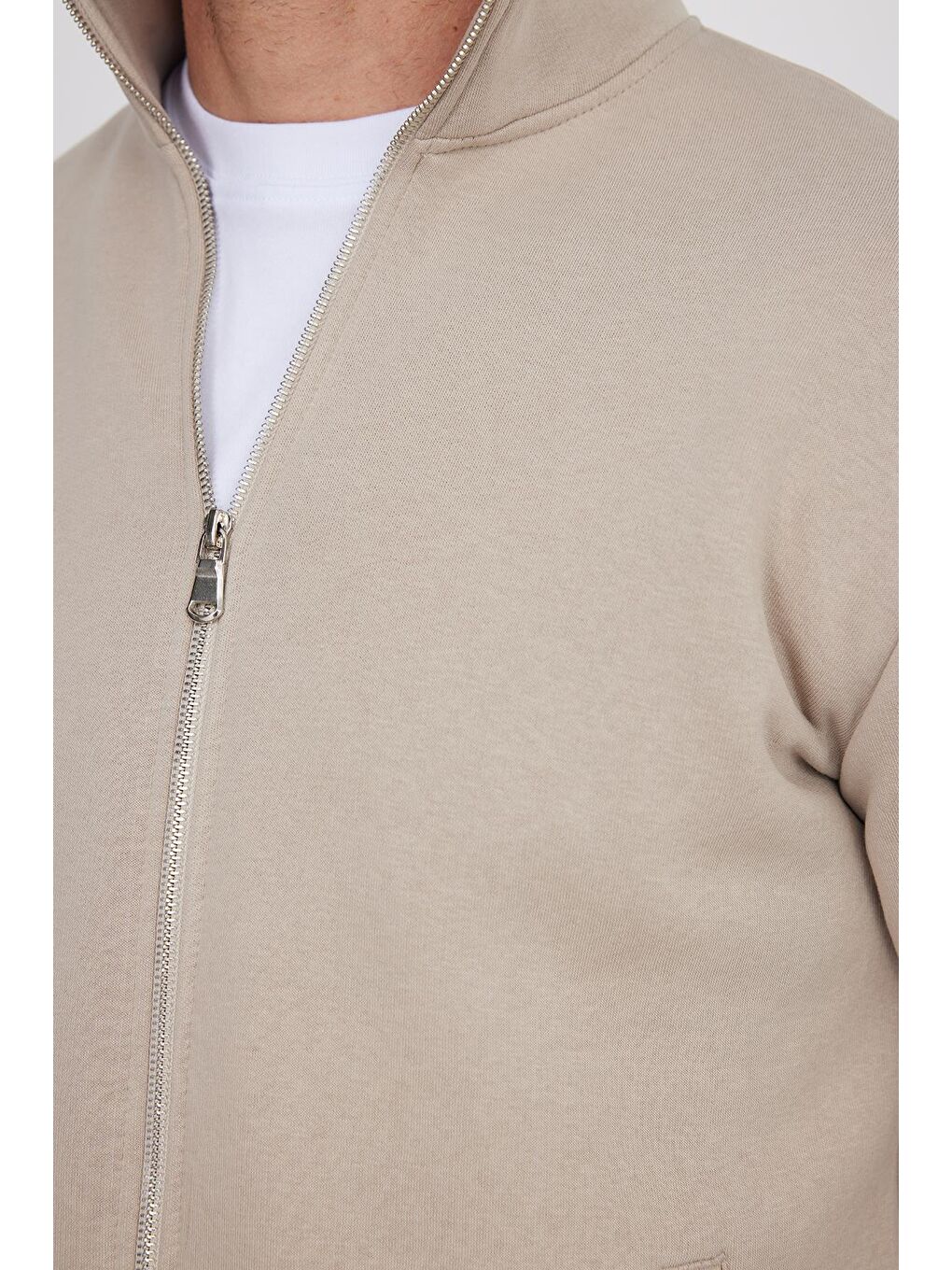 Bej Unisex Relax Fit Rahat Kesim Pamuklu İçi Polarlı Fermuarlı Taş Dik Yaka Flato Cepli Sweatshirt Hırka-2