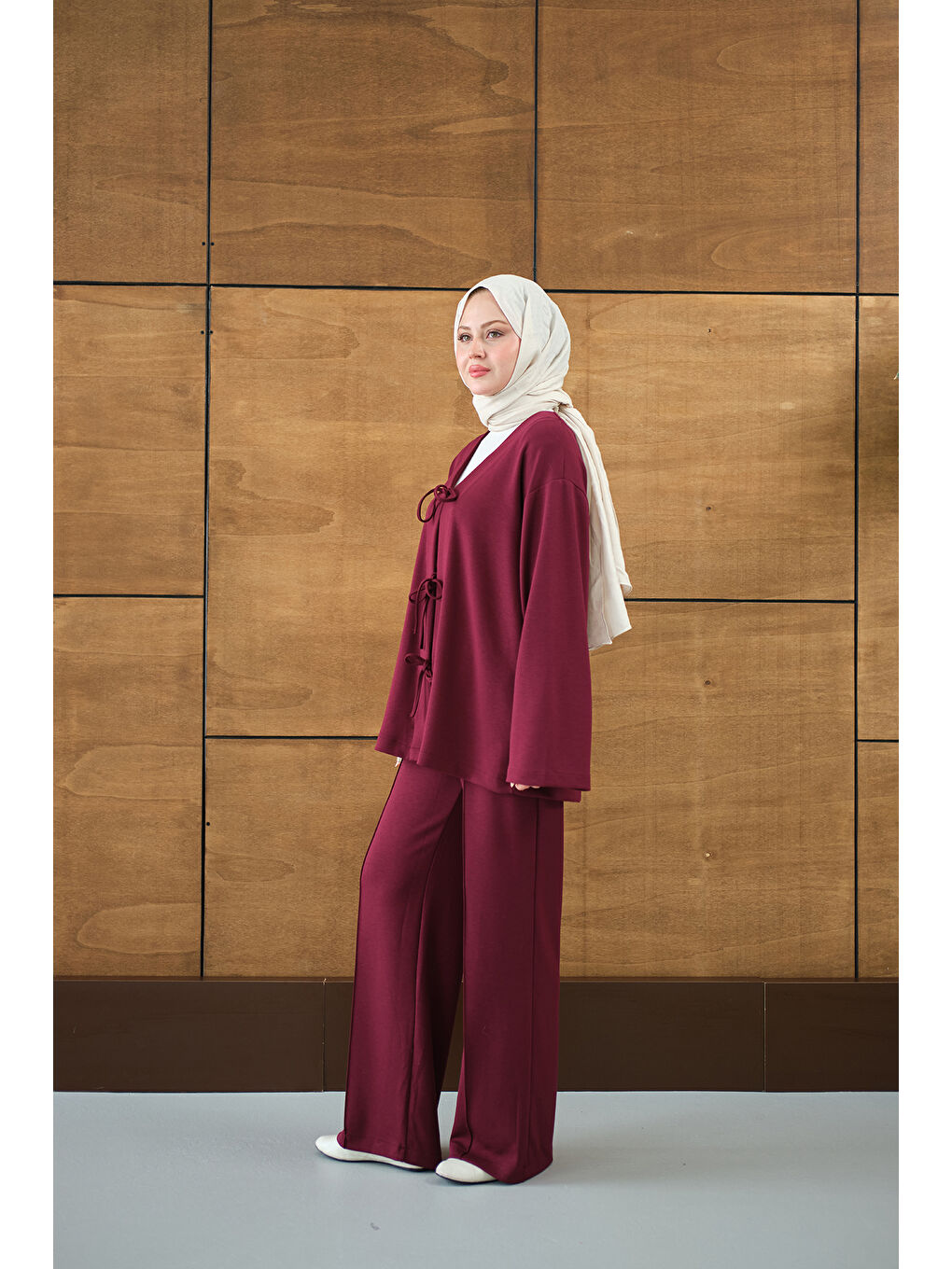 Kadın V Yaka Bağcıklı Regular Viskon Kimono Takım Mürdüm-3