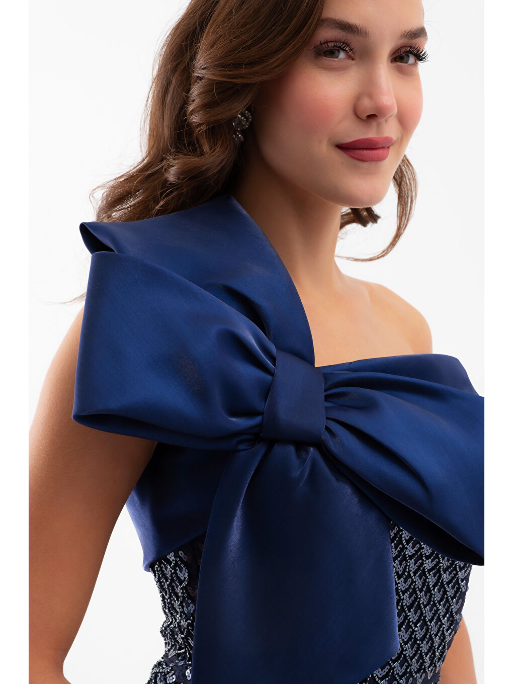 Kadın Lacivert Tek Omuz Boncuklu Midi Gece Elbisesi-3
