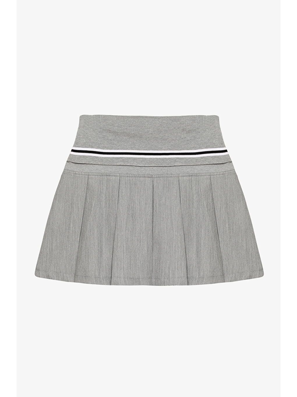 Beli Şerit Desenli Ribanalı Pileli Mini Etek Gri