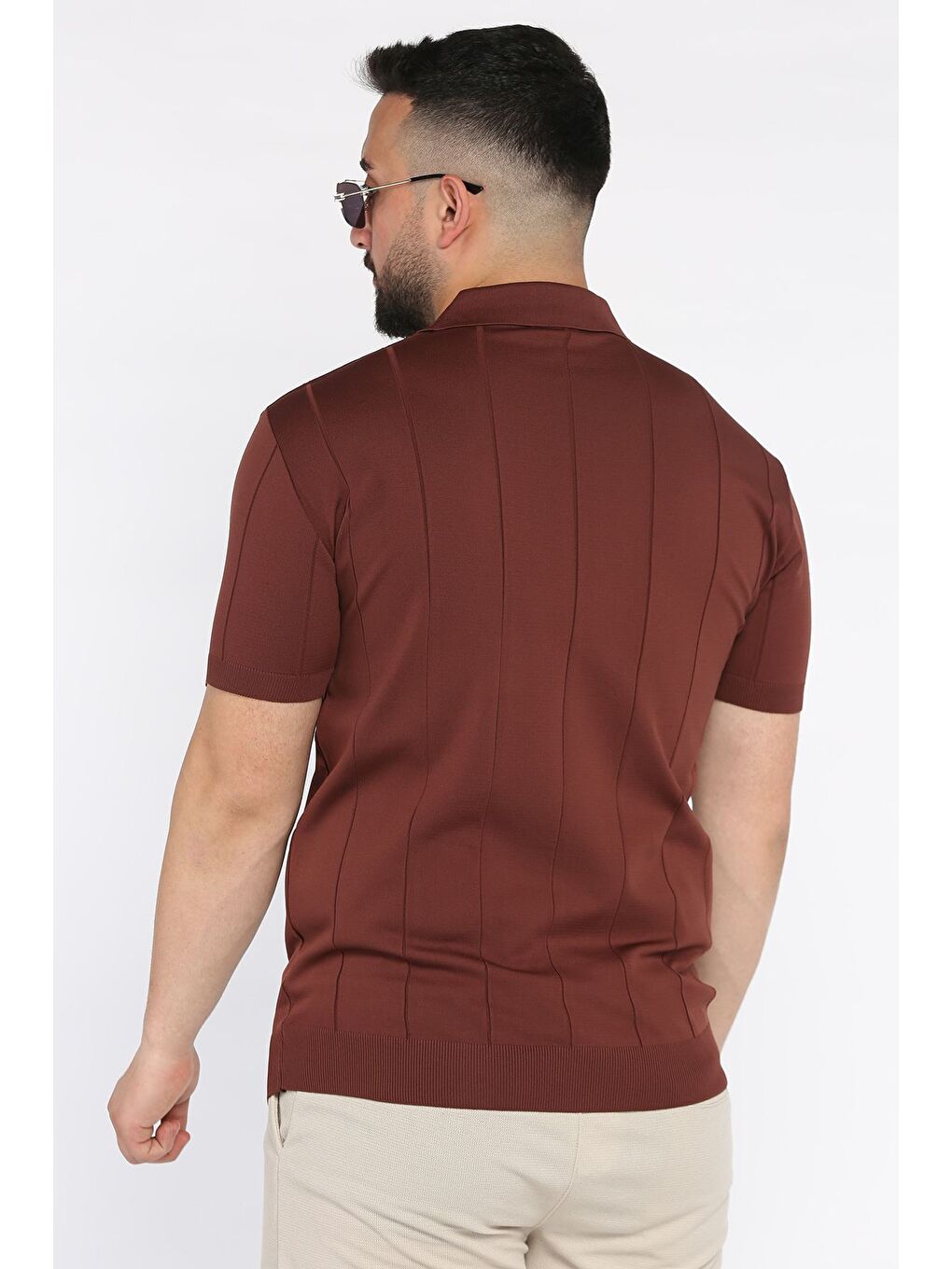 Kahverengi Erkek Polo Yaka Kendinden Çizgi Desenli Tişört-2