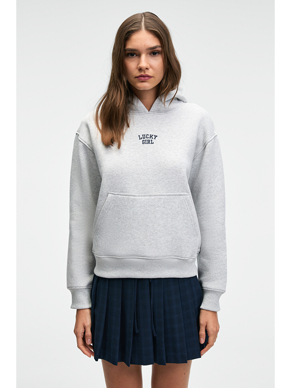 Yumea Kadın Oversize Kapüşonlu Baskılı Gri Melanj Sweatshirt