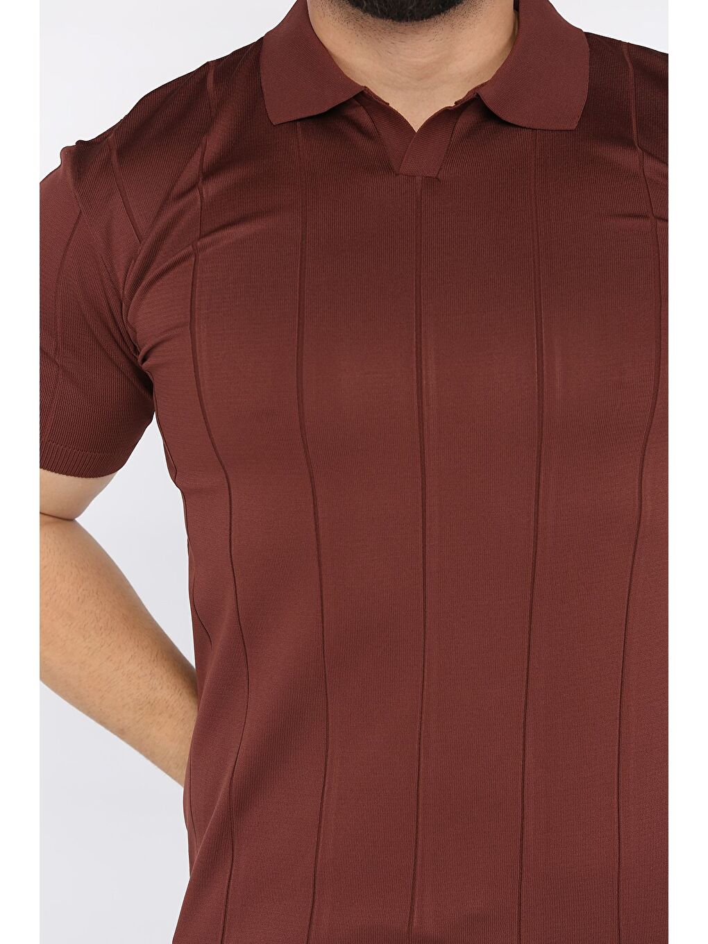 Kahverengi Erkek Polo Yaka Kendinden Çizgi Desenli Tişört-3