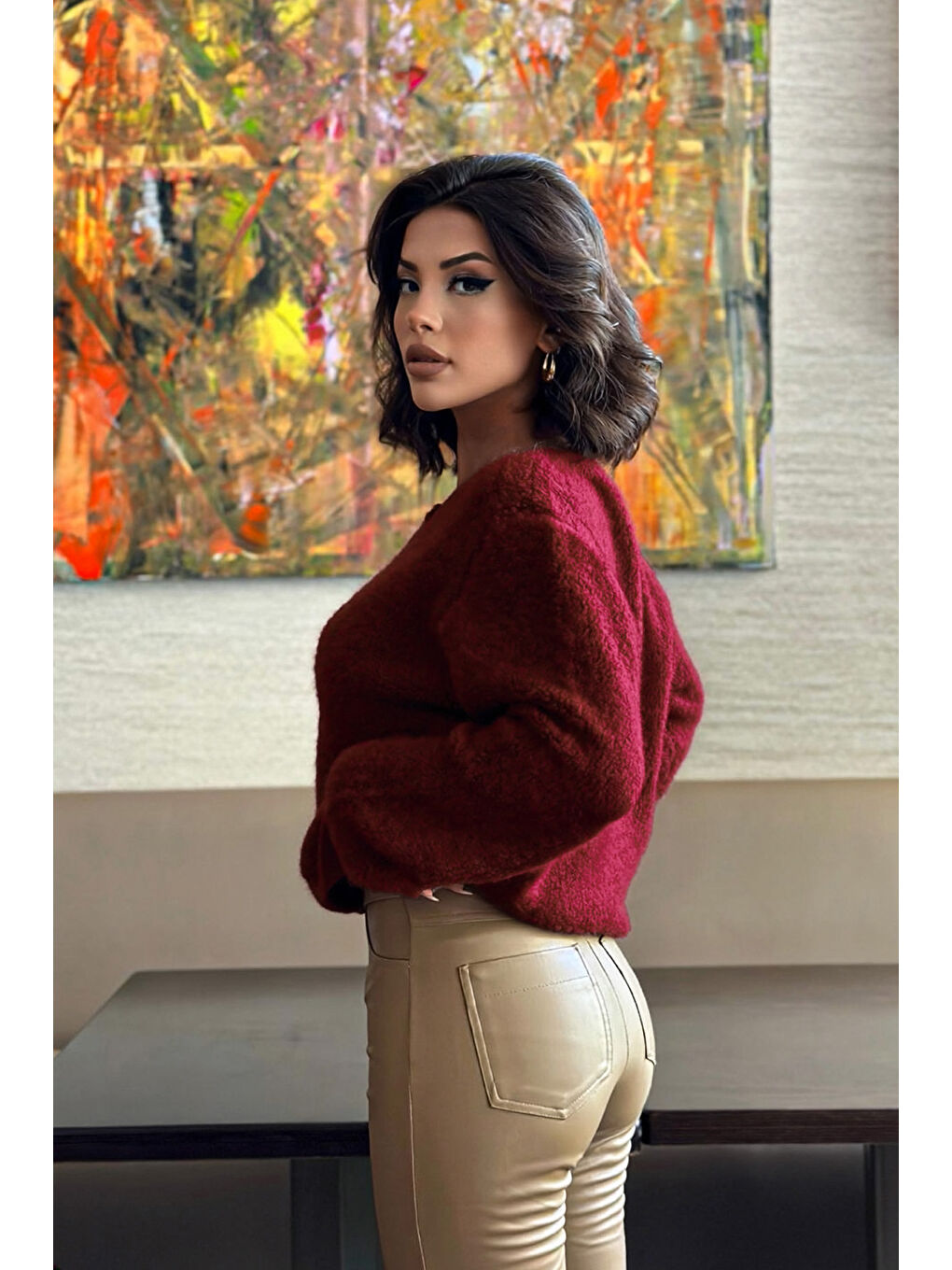 Bordo Düğme Detaylı Pelüş Triko Hırka N-102-2