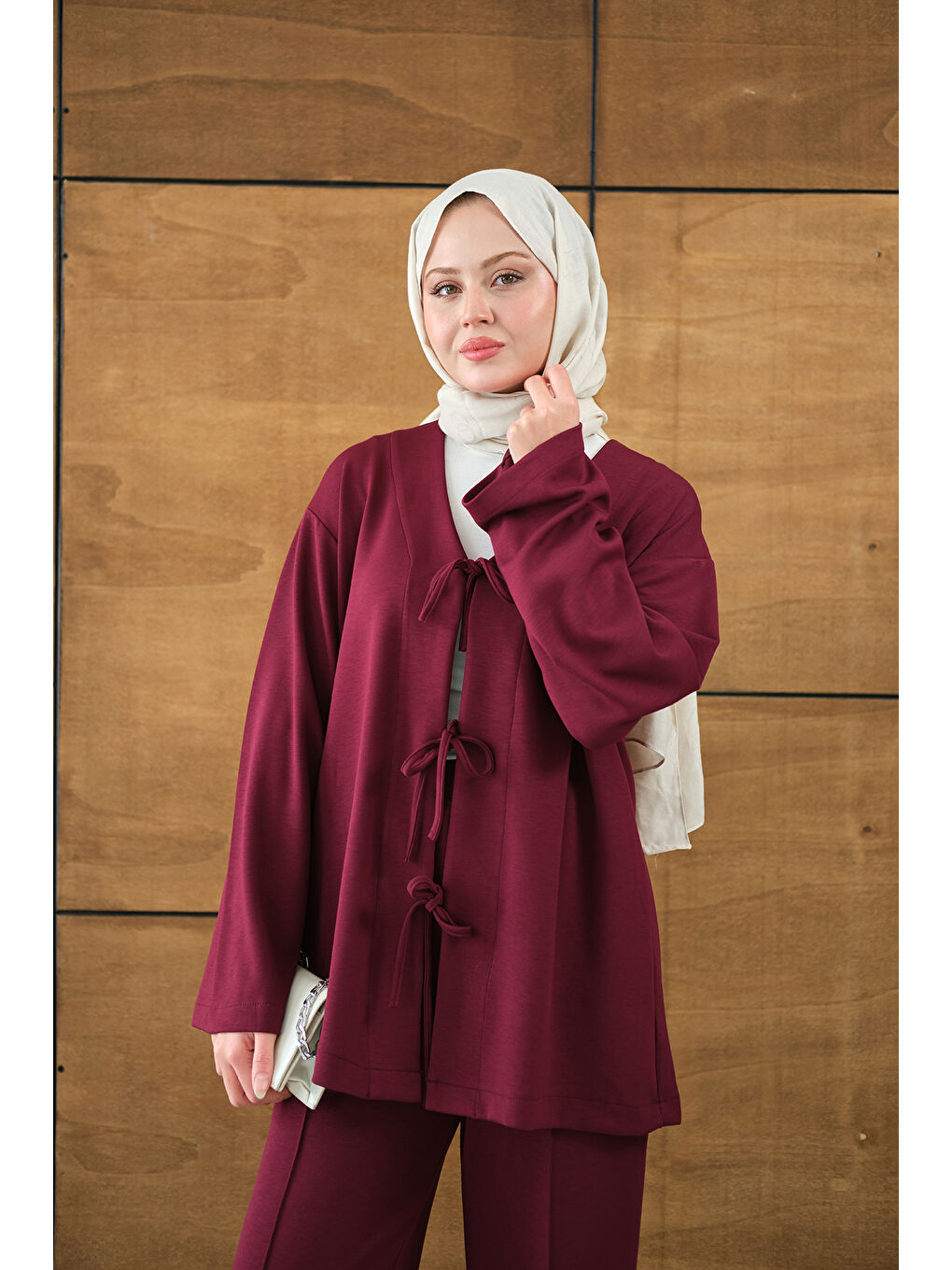 Kadın V Yaka Bağcıklı Regular Viskon Kimono Takım Mürdüm-4