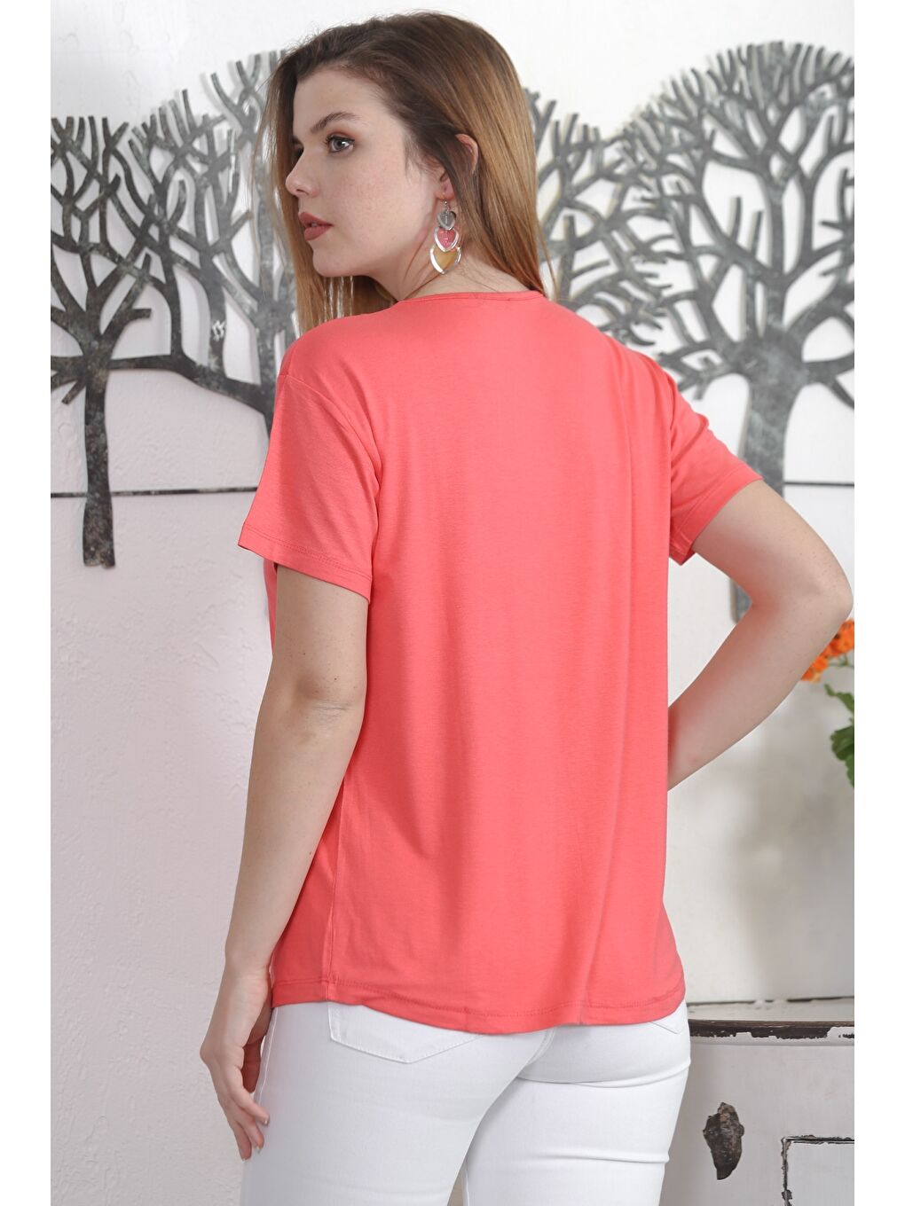 Koyu Pembe V Yaka Kısa Kol Örme Casual Bluz-5