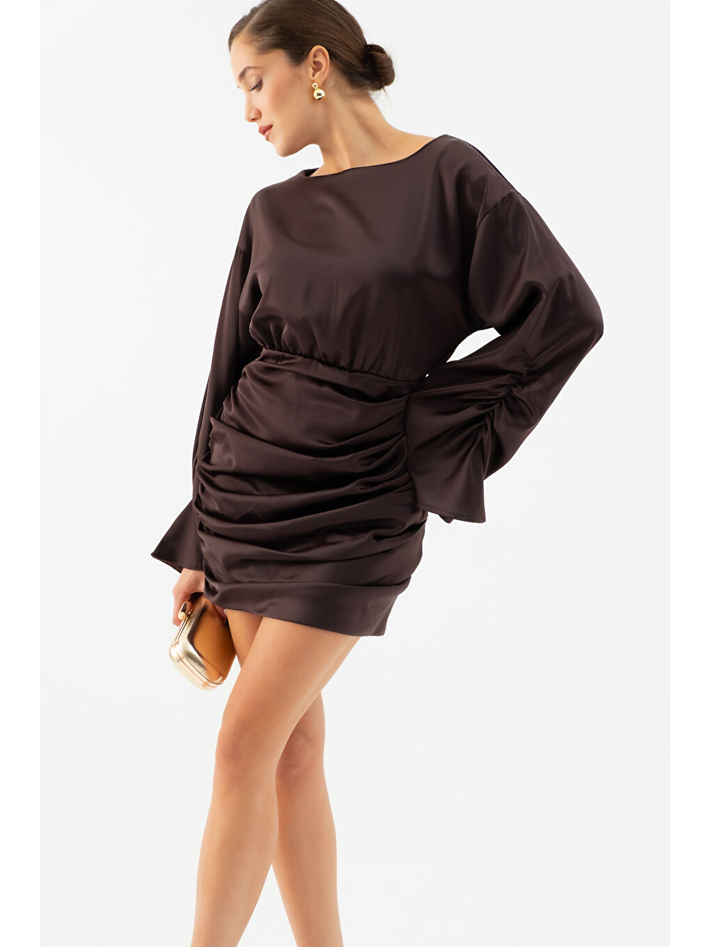 Kadın Kahverengi Uzun Kol Mini Saten Elbise-2