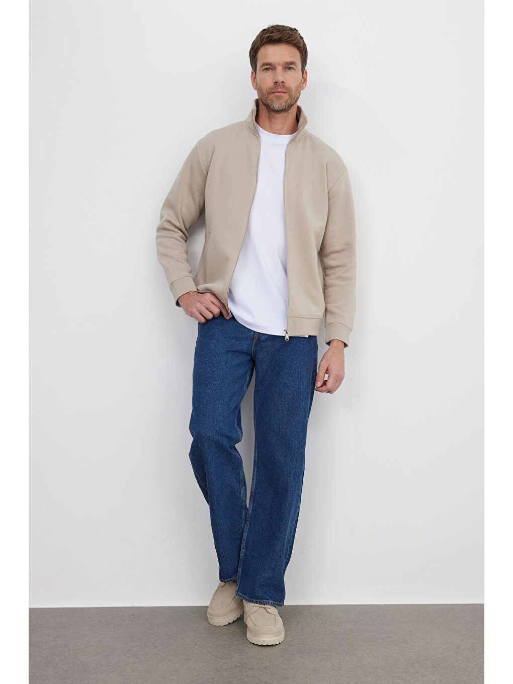 Bej Unisex Relax Fit Rahat Kesim Pamuklu İçi Polarlı Fermuarlı Taş Dik Yaka Flato Cepli Sweatshirt Hırka-3