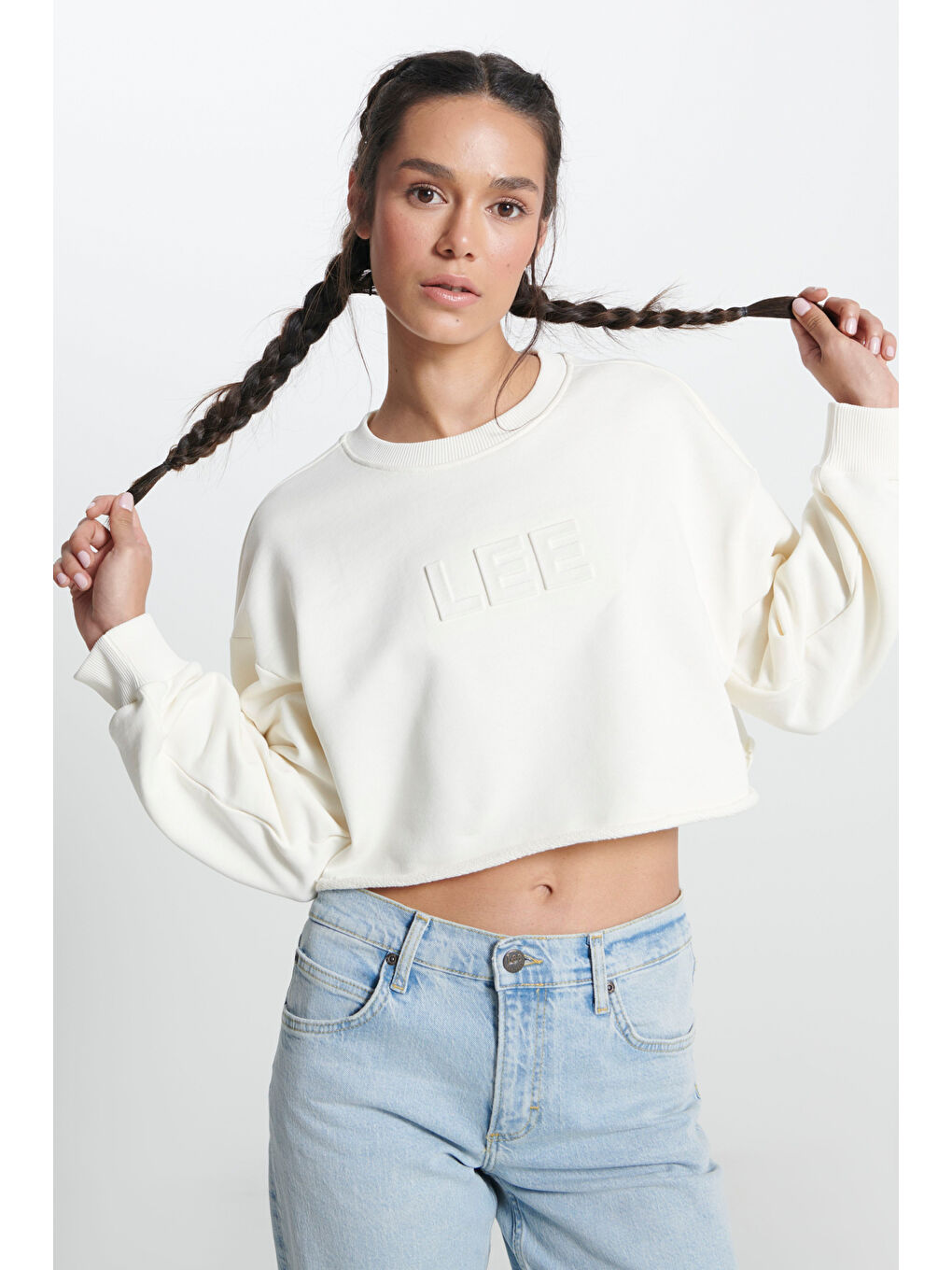 Bisiklet Yaka %100 Pamuk Ekru Crop Sweatshirt-1