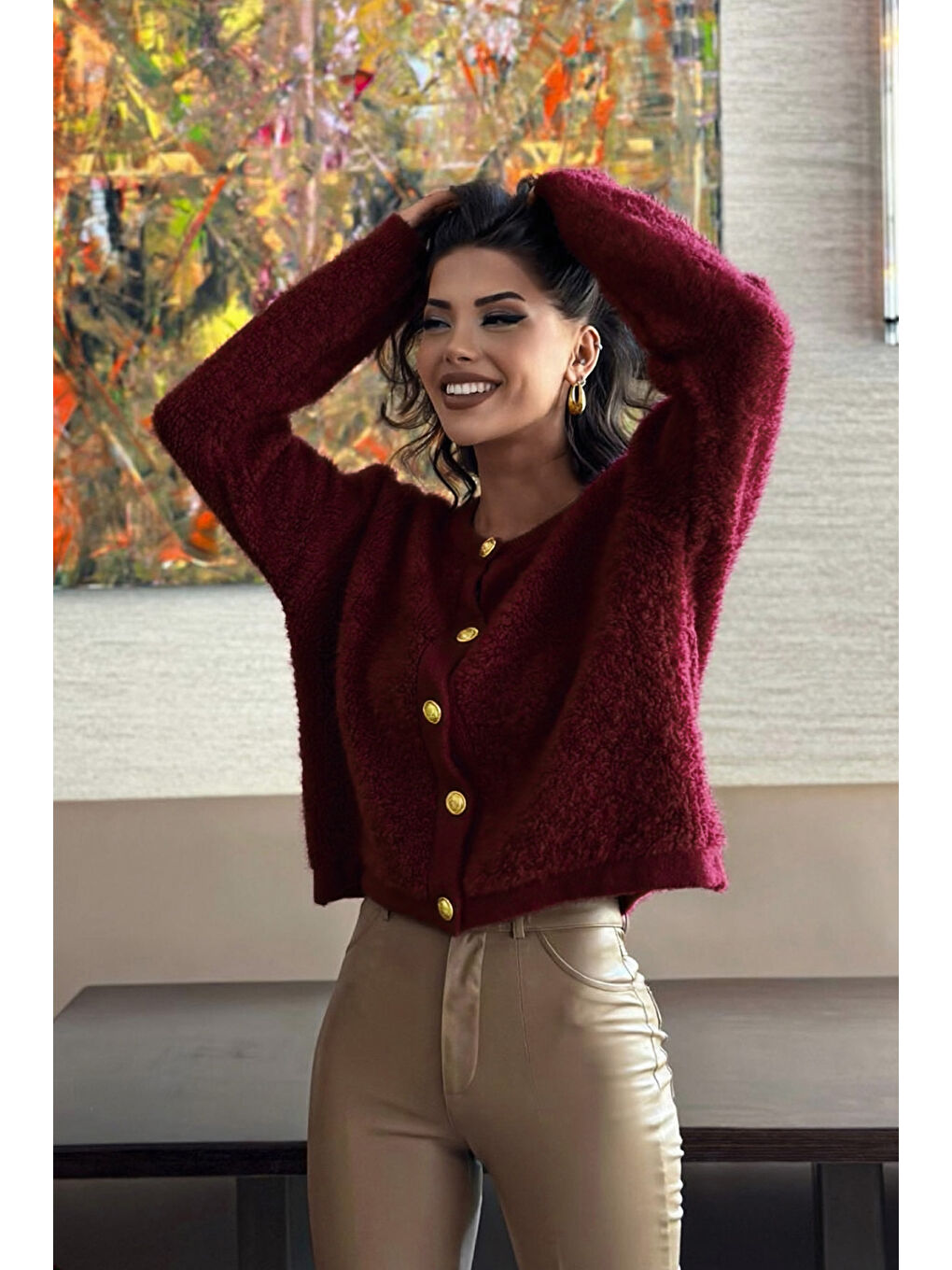 Bordo Düğme Detaylı Pelüş Triko Hırka N-102-3