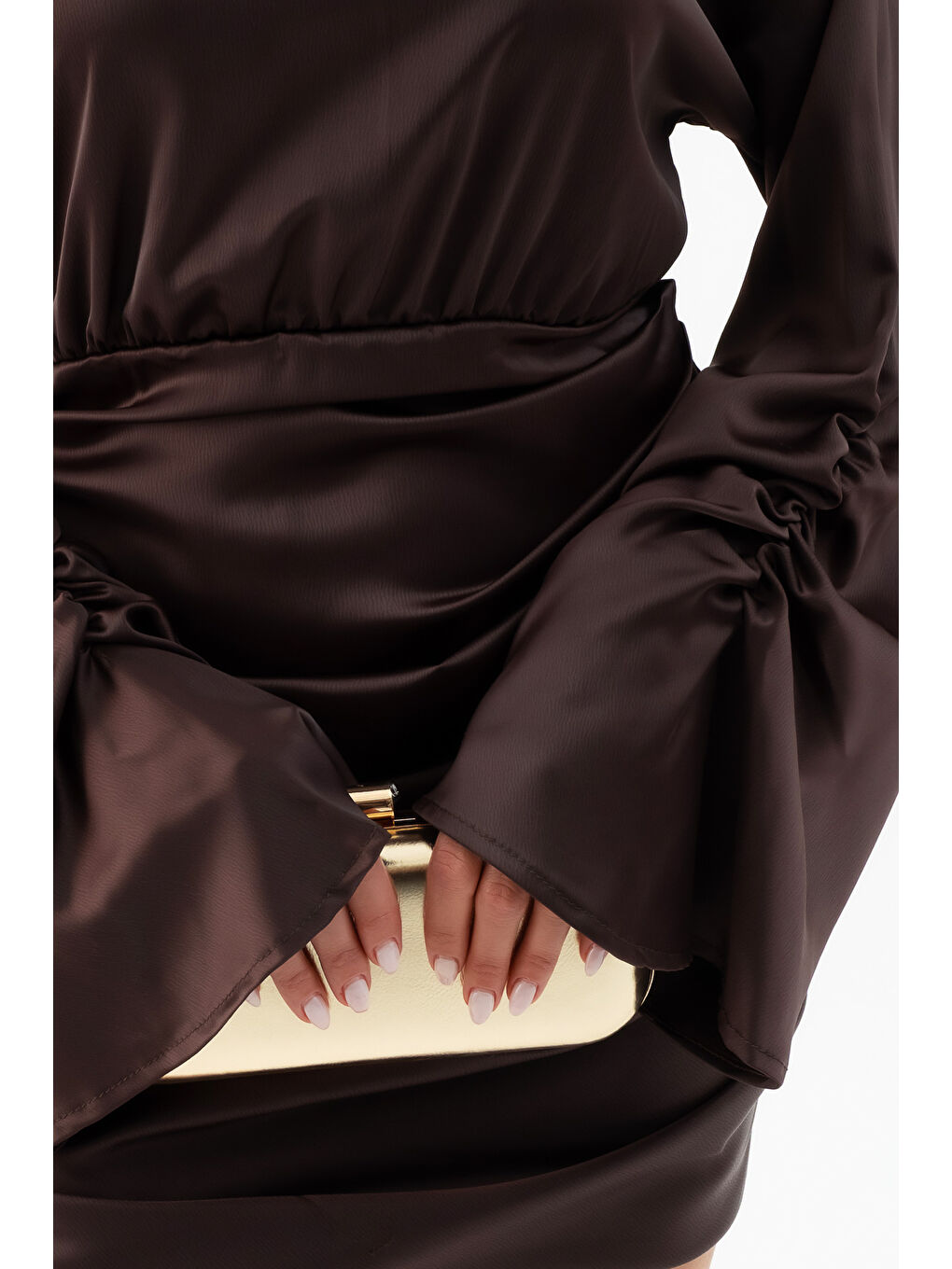 Kadın Kahverengi Uzun Kol Mini Saten Elbise-3