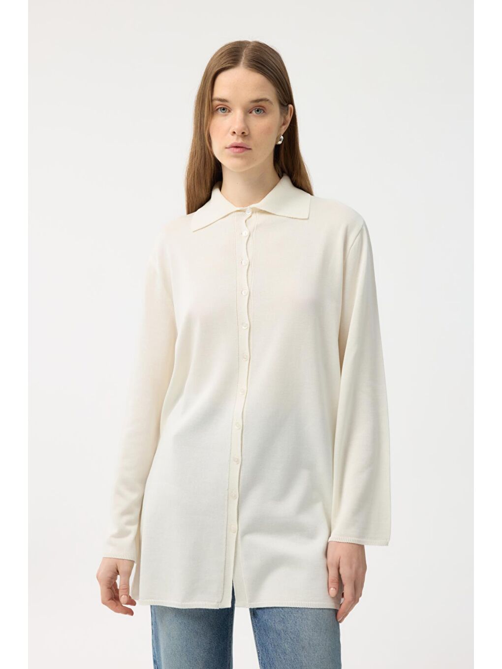 Düğmeli İnce Triko Hırka Ekru-1