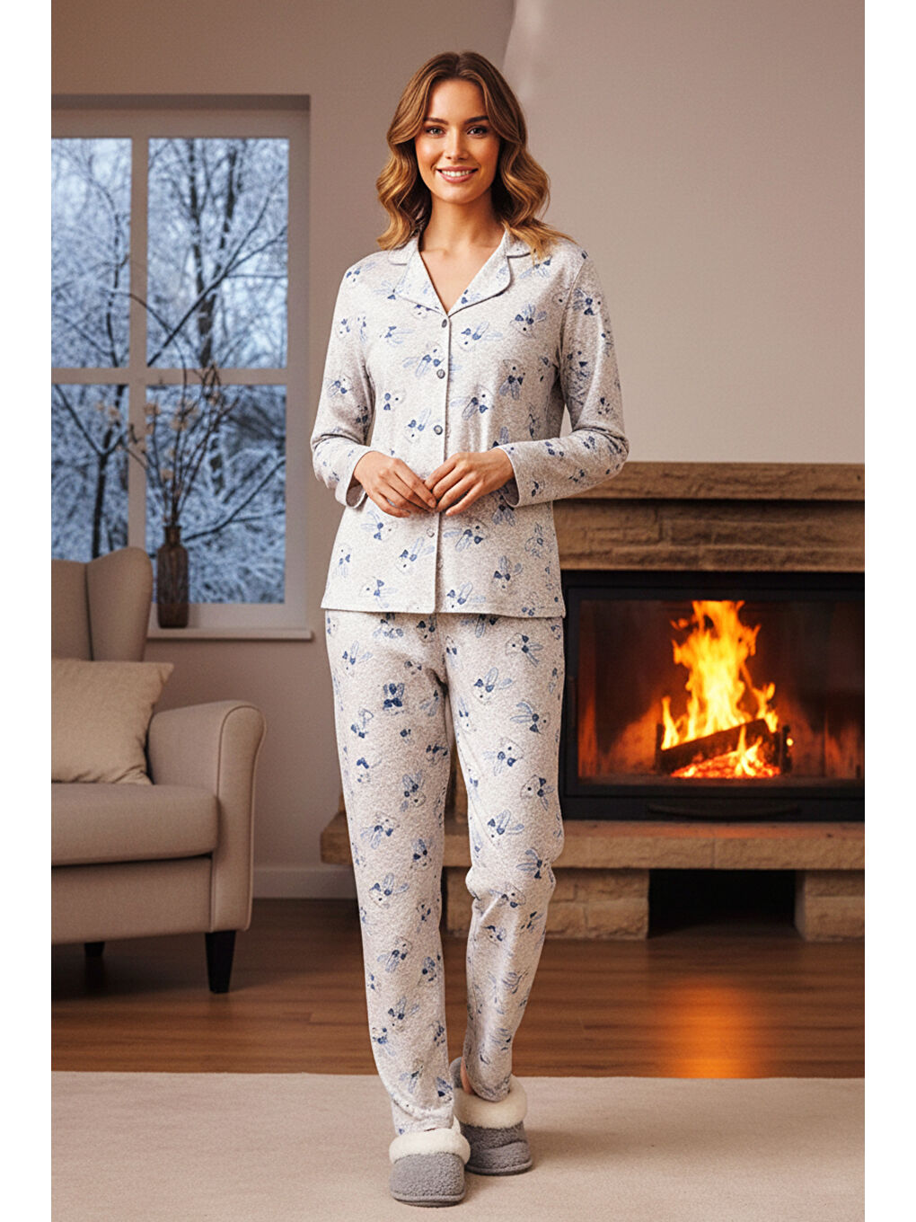 Büyük Beden Kadın Tavşan Desen Önü Düğmeli Suprem Pijama Takımı 0515 Gri08