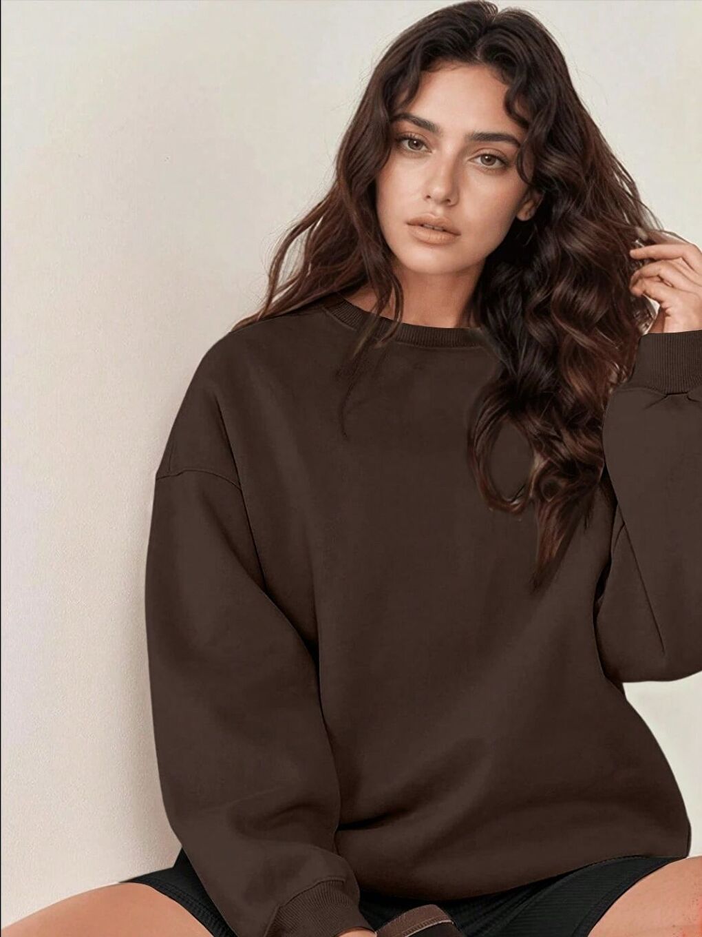 Kahverengi Kahve Regular Düz Bisiklet Yaka Sweatshirt-2