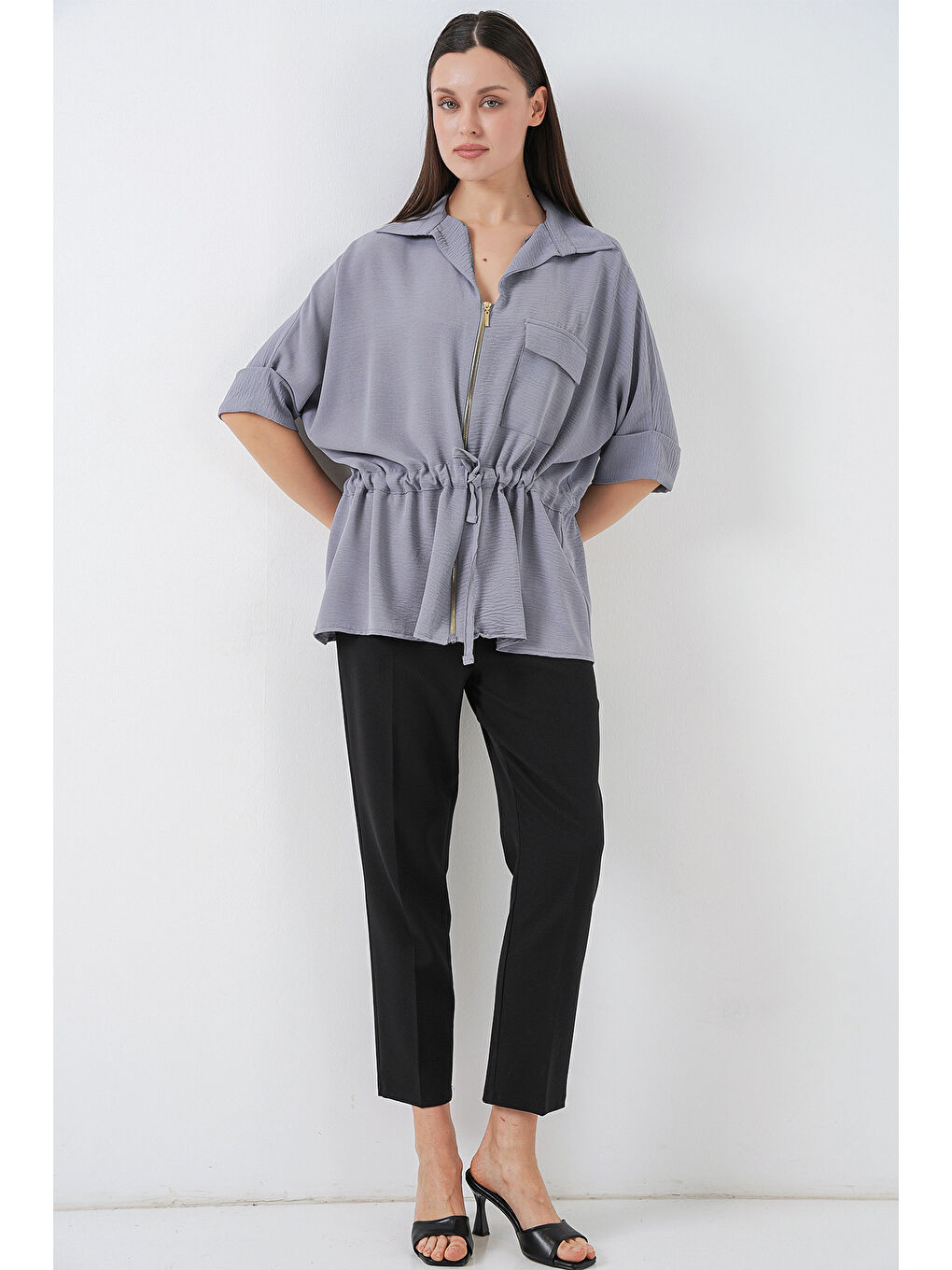 Fermuarlı Kadın Gömlek 0721 - Gri-1