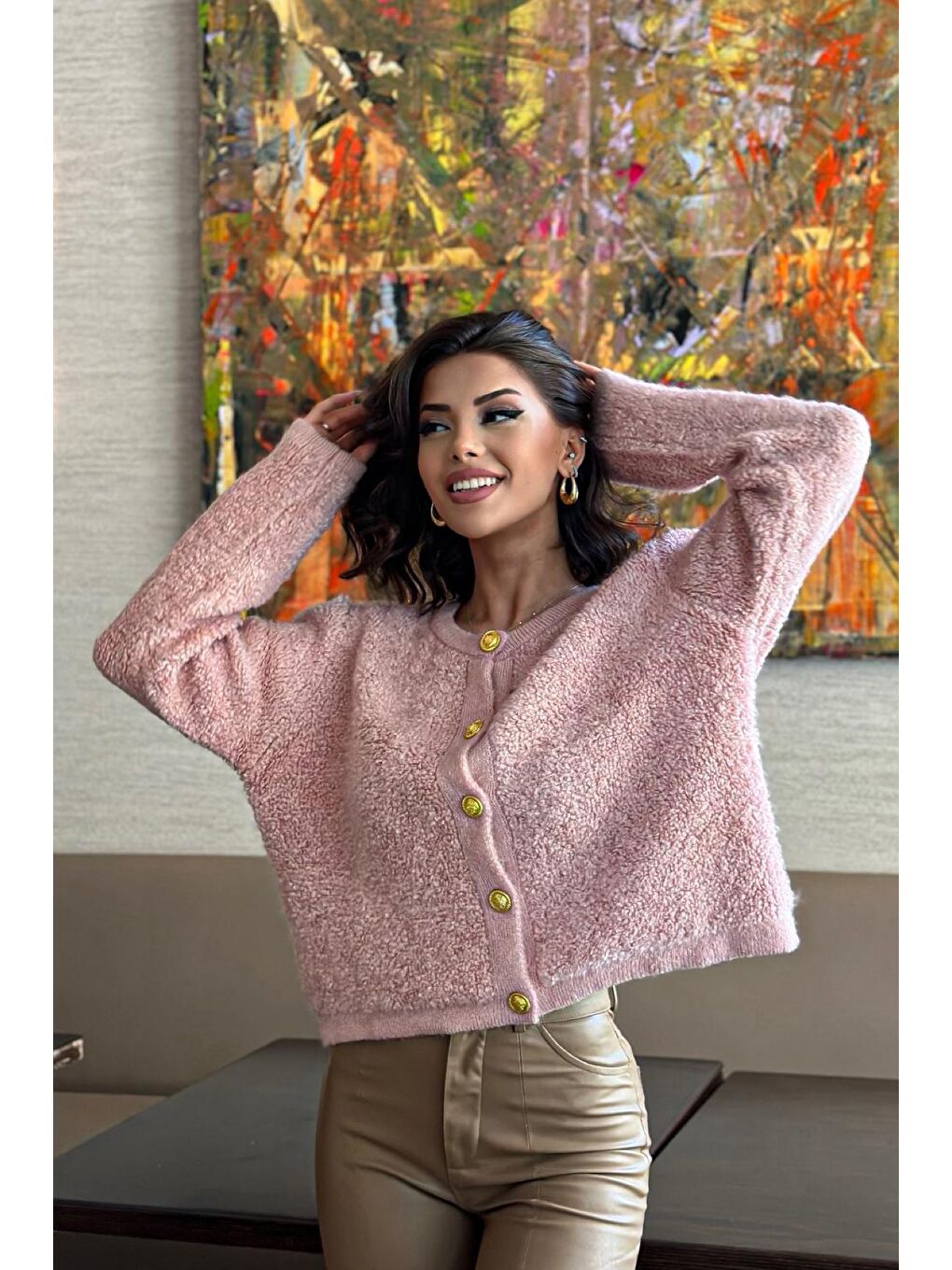 Pembe Düğme Detaylı Pelüş Triko Hırka N-102-4