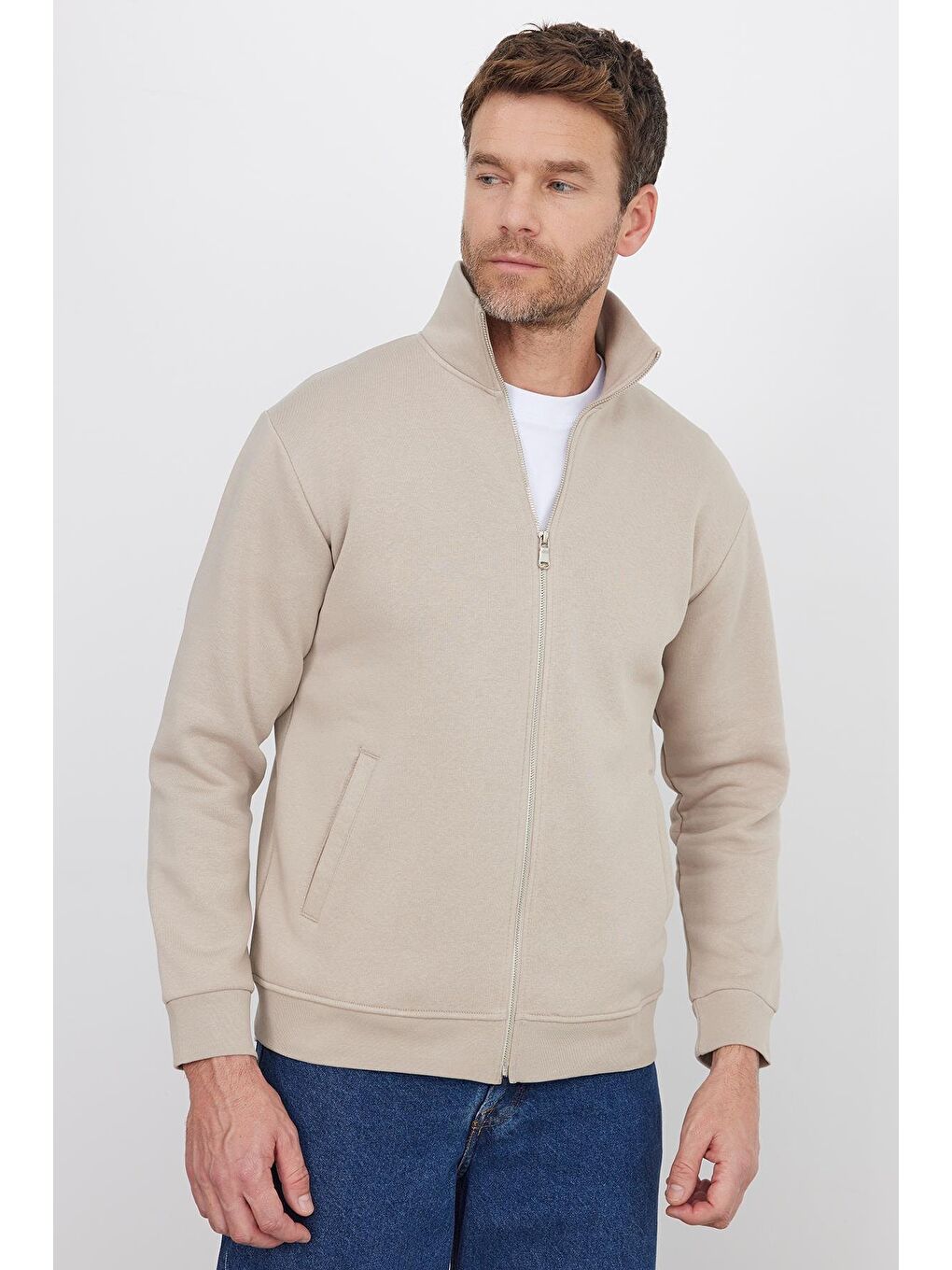 Bej Unisex Relax Fit Rahat Kesim Pamuklu İçi Polarlı Fermuarlı Taş Dik Yaka Flato Cepli Sweatshirt Hırka-4