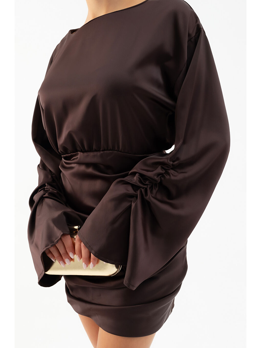 Kadın Kahverengi Uzun Kol Mini Saten Elbise-4
