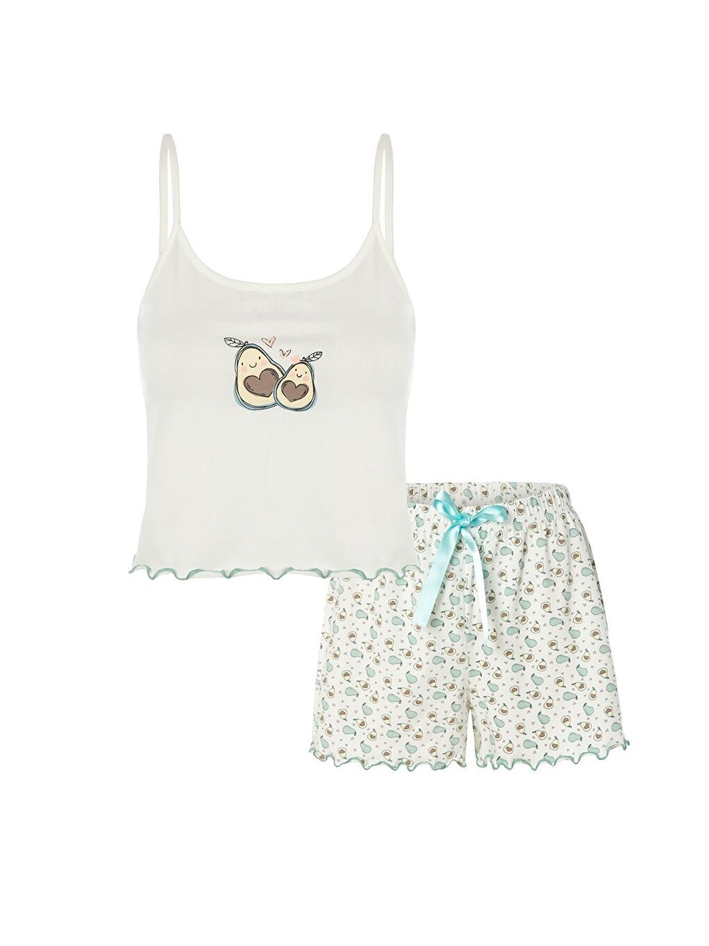 Mercan Kadın İnce Askılı Baby Overloklu Avokado Desenli Crop Top Şortlu Pijama Takımı
