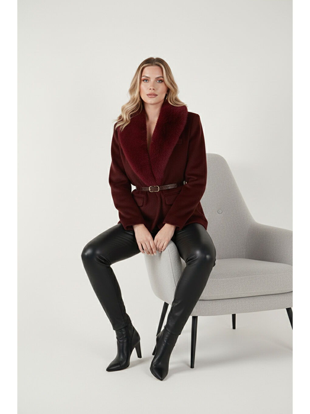 Bordo Regular Fit Şal Yaka Kemerli Kadın Kaban 6839688-2