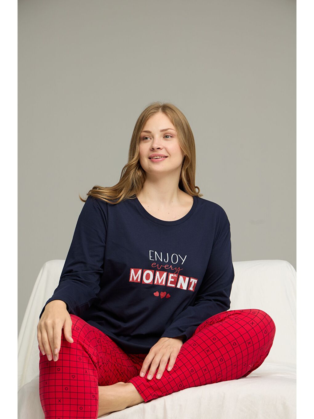 Lacivert Desenli Curve Büyük Beden Battal Boy Pamuklu Pijama Takım25240775