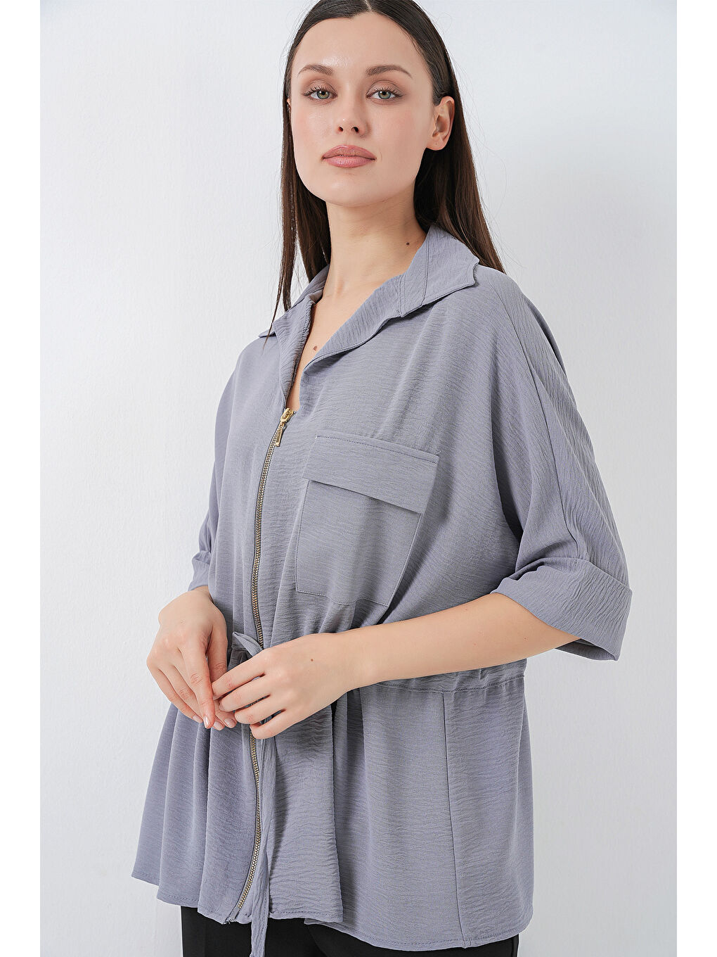 Fermuarlı Kadın Gömlek 0721 - Gri-2