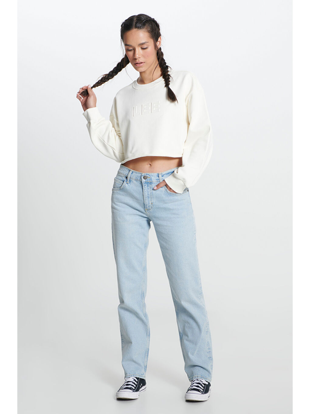 Bisiklet Yaka %100 Pamuk Ekru Crop Sweatshirt-2